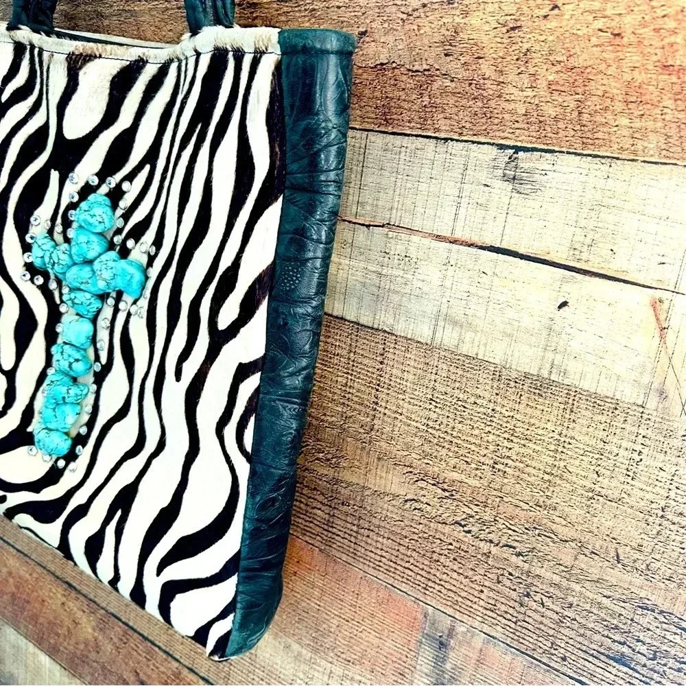 Kurtmen Designs Cowhide W Turquoise Nugget and Crystal Tote Bag